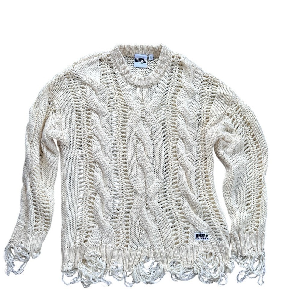 Ragged Priest Cable Knit Sweater Womens Medium Cream Excellent Distressed Fringe
